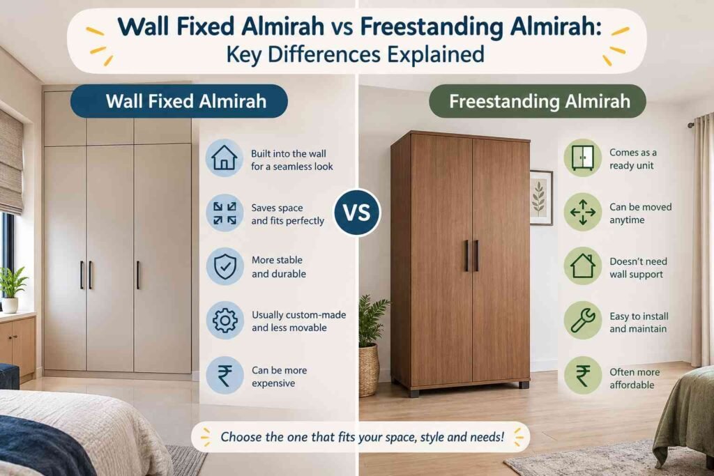 wall fixed almirah vs freestanding almirah